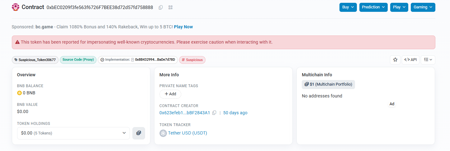 BscScan contract page flagged as impersonating well-known cryptocurrencies